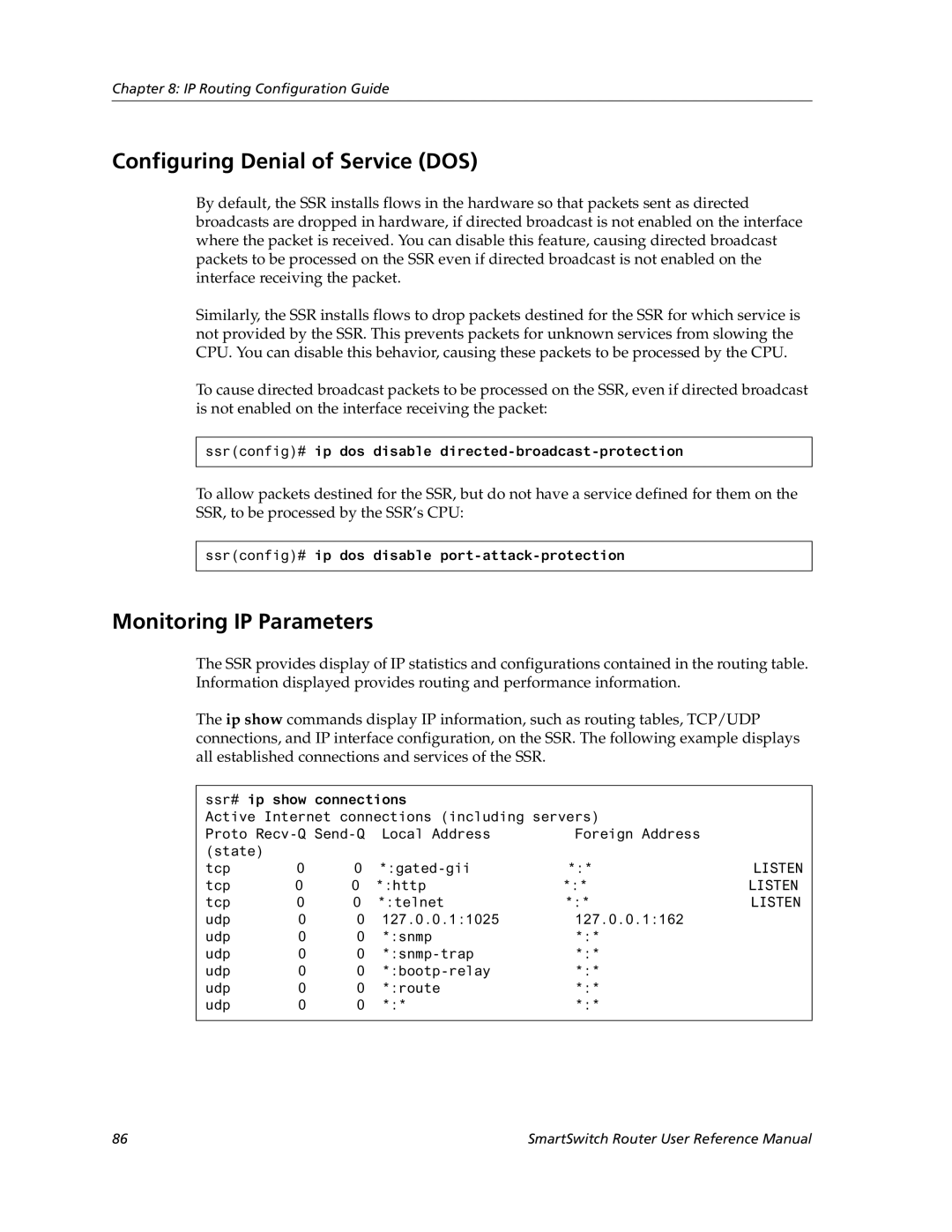 Cabletron Systems 9032578-05 manual Configuring Denial of Service DOS, Monitoring IP Parameters 