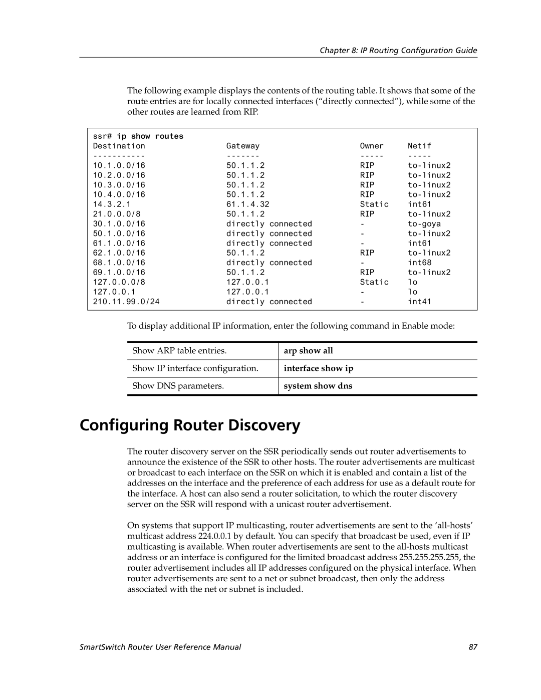 Cabletron Systems 9032578-05 manual Configuring Router Discovery, Arp show all, Interface show ip, System show dns 