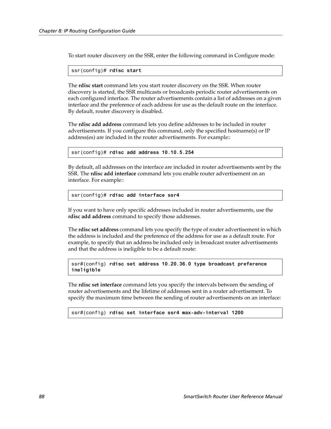 Cabletron Systems 9032578-05 manual Ssrconfig# rdisc add address 