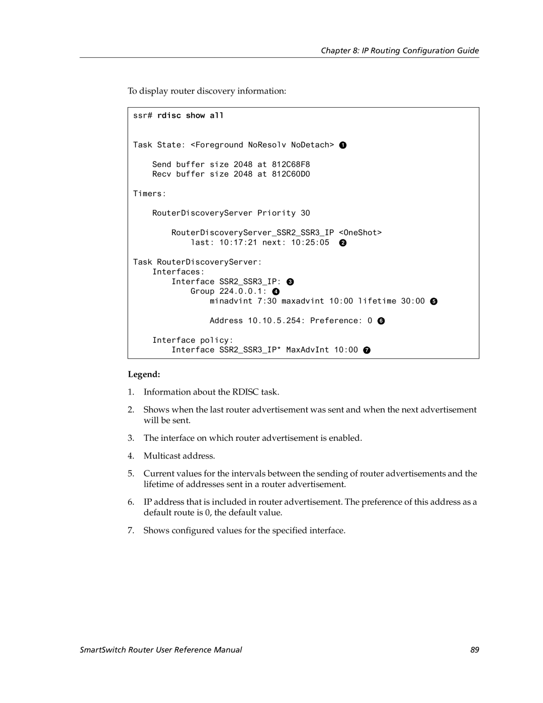 Cabletron Systems 9032578-05 manual To display router discovery information, Ssr# rdisc show all 