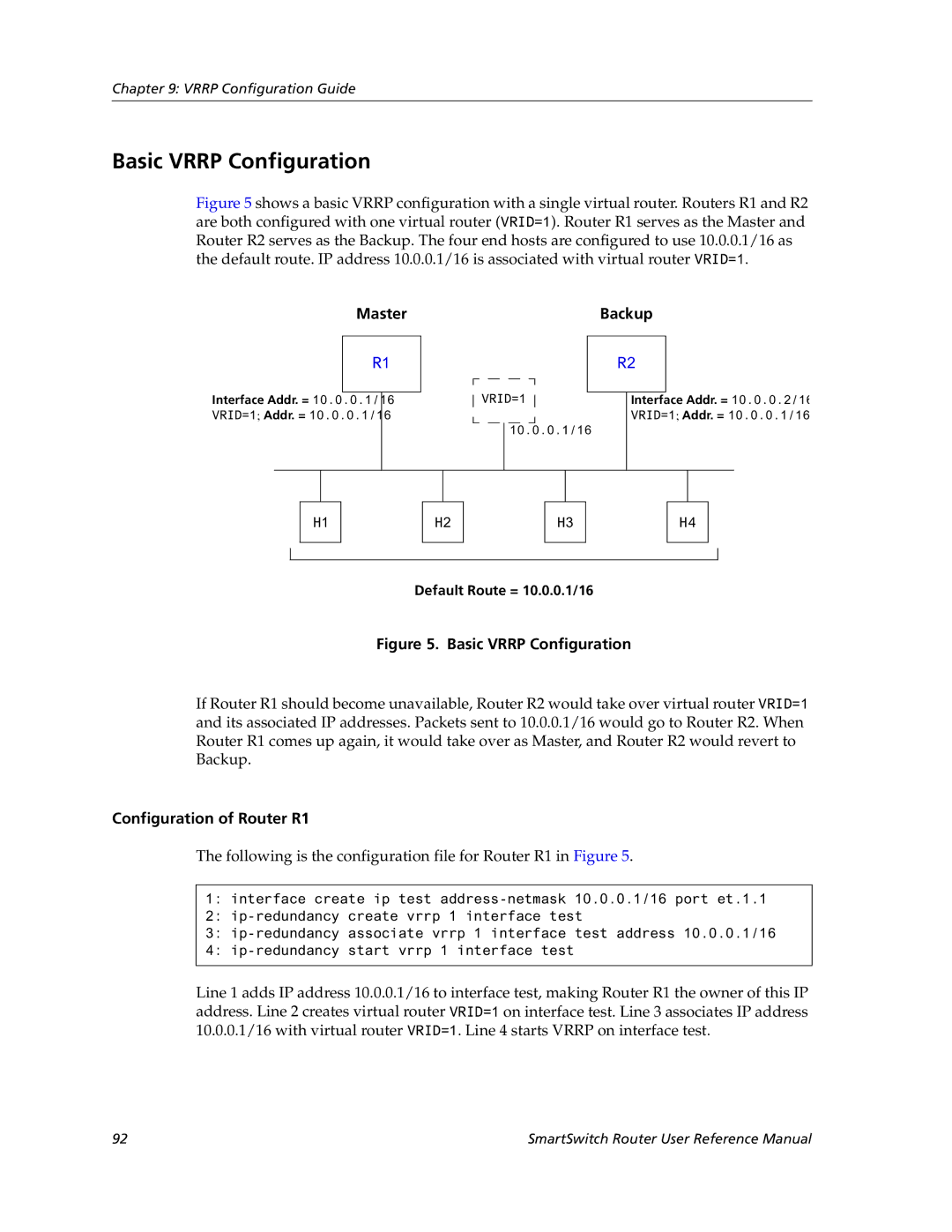 Cabletron Systems 9032578-05 manual Basic Vrrp Configuration, Master, Backup, Configuration of Router R1 