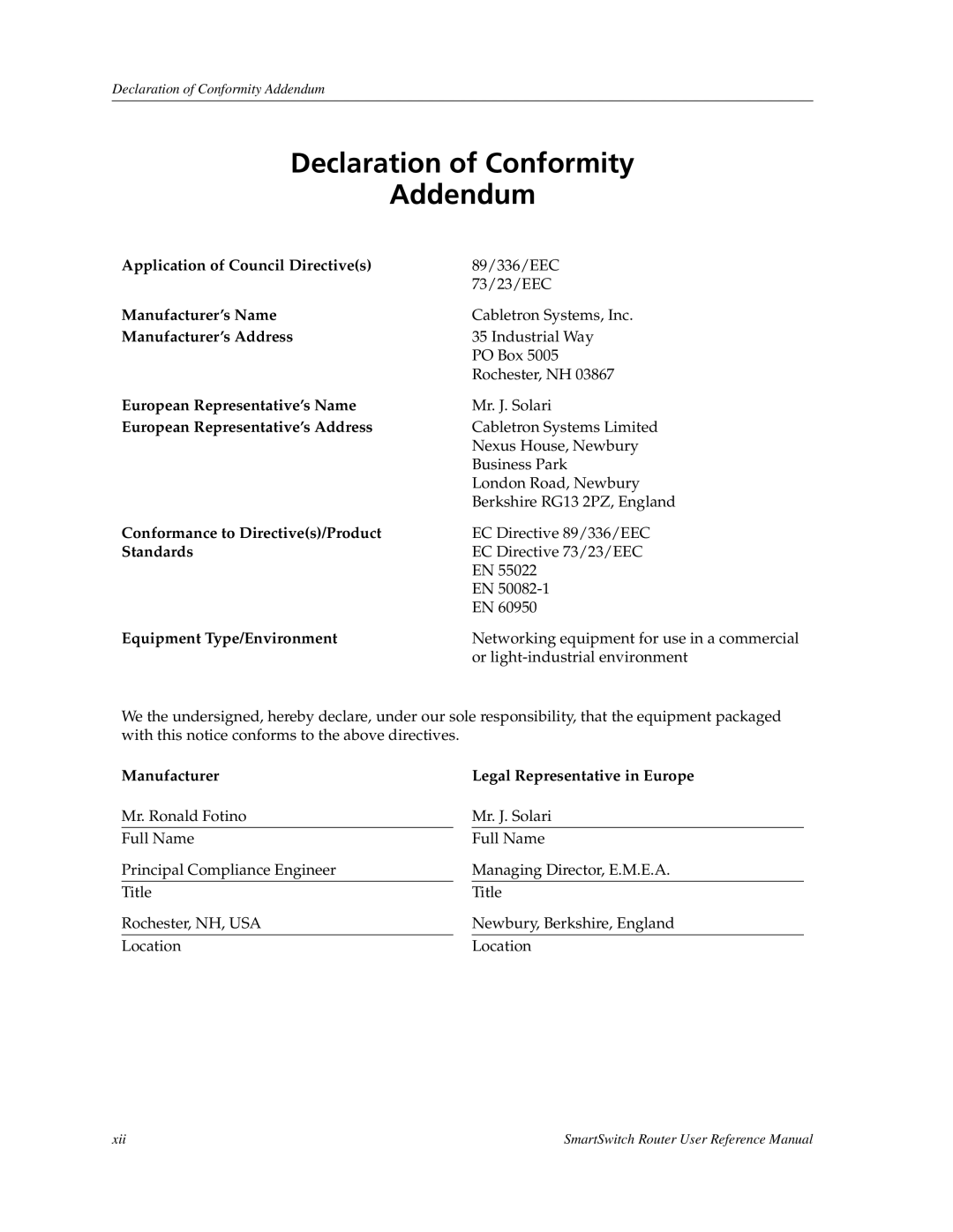 Cabletron Systems 9032578-05 manual Declaration of Conformity Addendum 