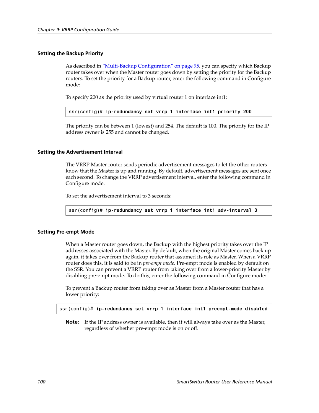 Cabletron Systems 9032578-05 manual Setting the Backup Priority, Setting the Advertisement Interval, Setting Pre-empt Mode 