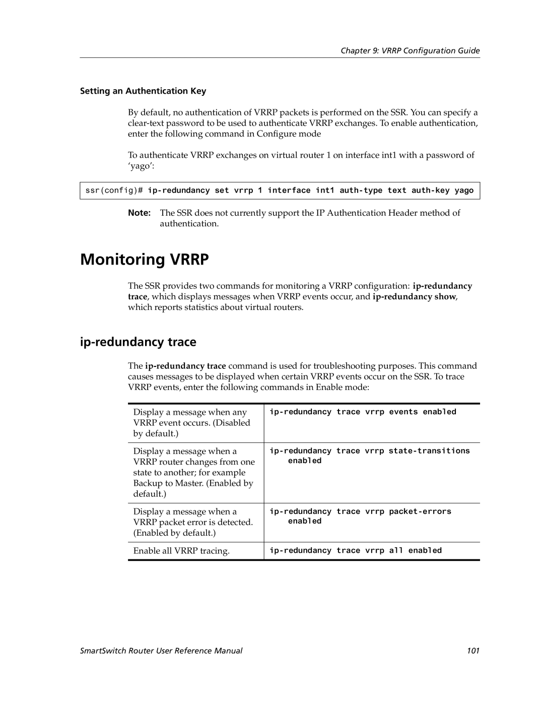 Cabletron Systems 9032578-05 manual Monitoring Vrrp, Ip-redundancy trace, Setting an Authentication Key 