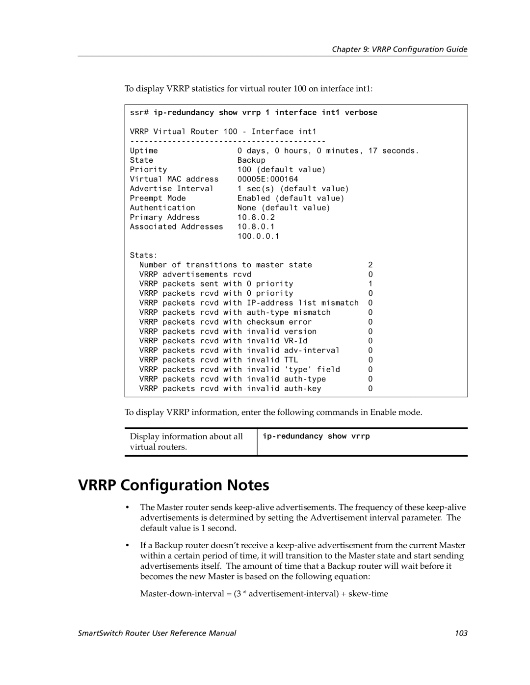 Cabletron Systems 9032578-05 manual Vrrp Configuration Notes, Ssr# ip-redundancy show vrrp 1 interface int1 verbose 