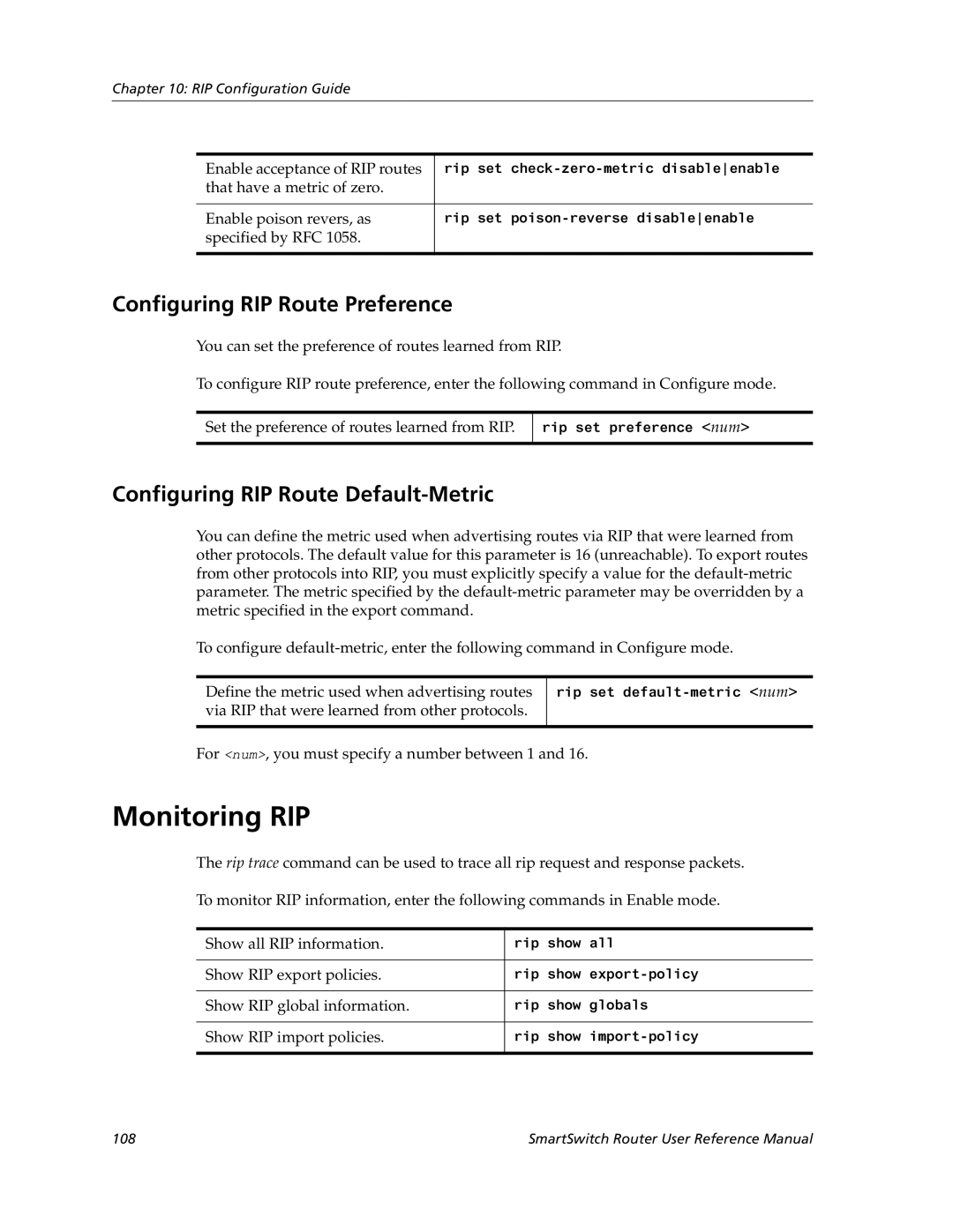 Cabletron Systems 9032578-05 manual Monitoring RIP, Configuring RIP Route Preference, Configuring RIP Route Default-Metric 