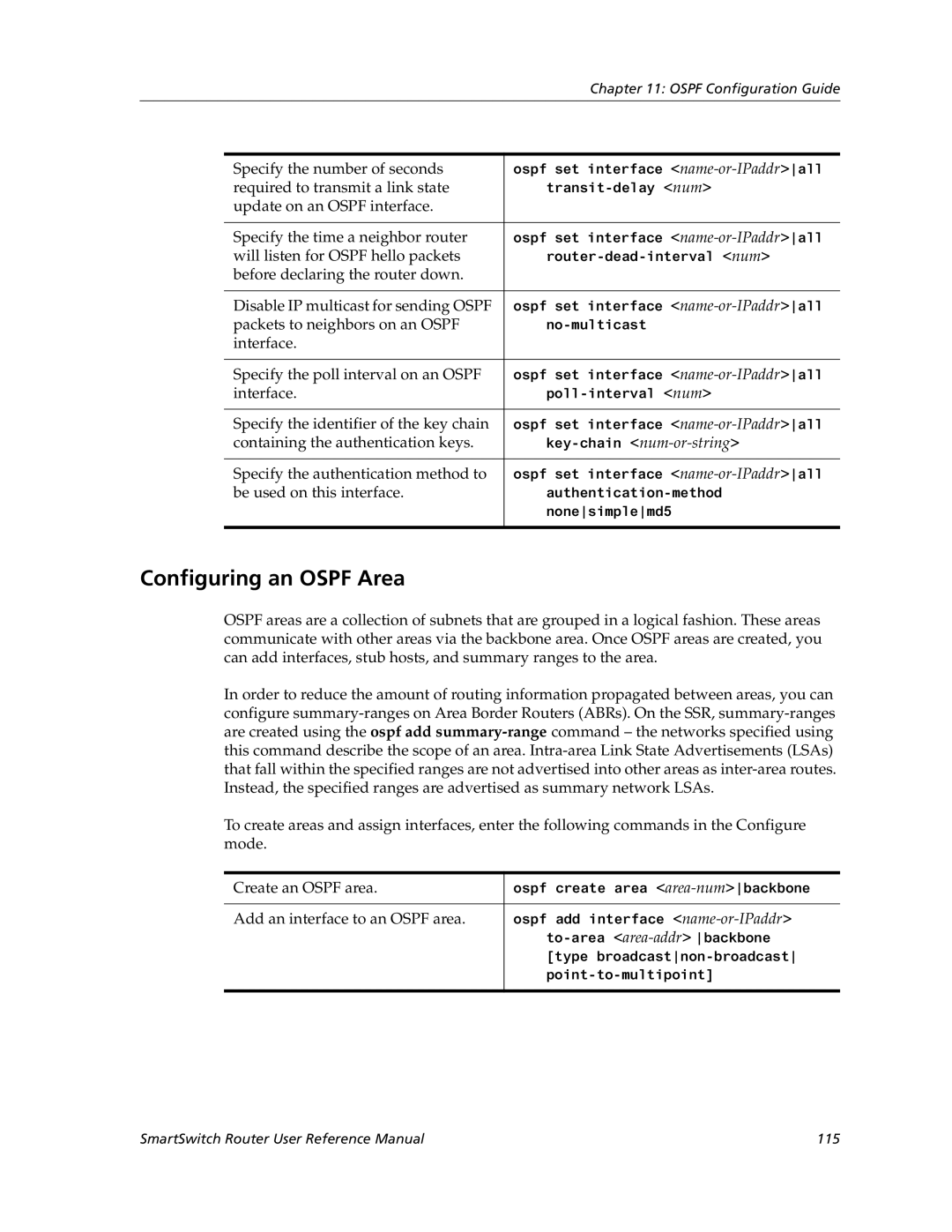 Cabletron Systems 9032578-05 manual Configuring an Ospf Area, Create an Ospf area, Add an interface to an Ospf area 