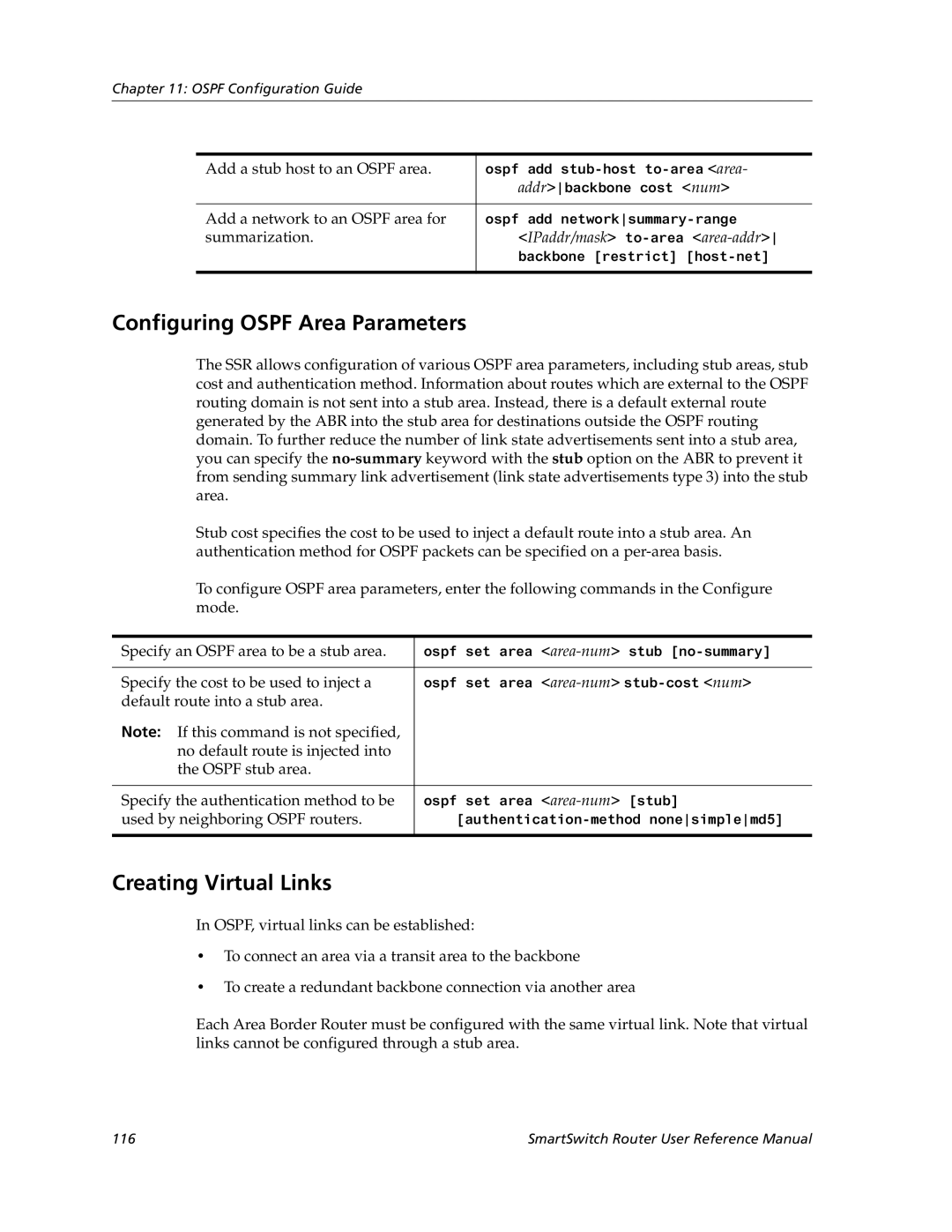 Cabletron Systems 9032578-05 Configuring Ospf Area Parameters, Creating Virtual Links, Add a stub host to an Ospf area 