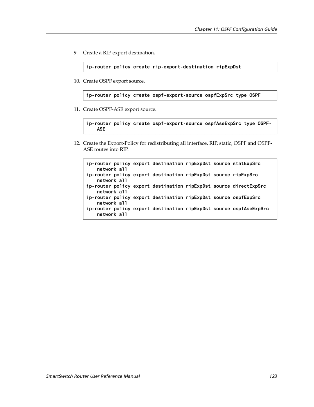 Cabletron Systems 9032578-05 Create a RIP export destination, Create Ospf export source, Create OSPF-ASE export source 