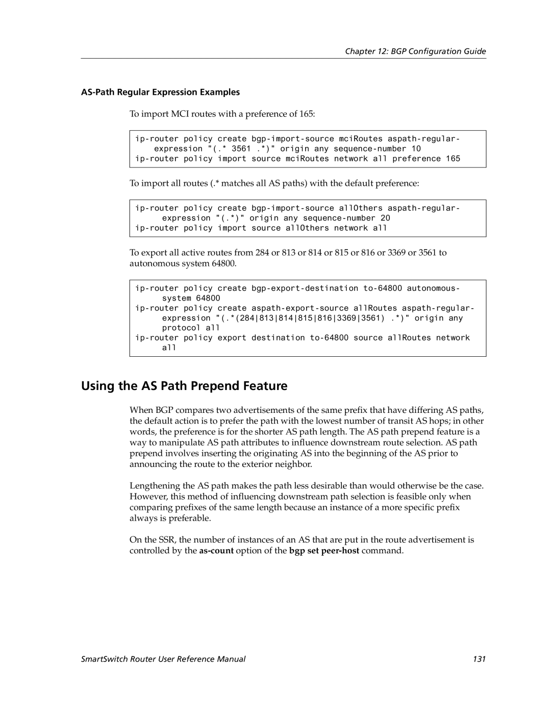 Cabletron Systems 9032578-05 manual Using the AS Path Prepend Feature, AS-Path Regular Expression Examples 