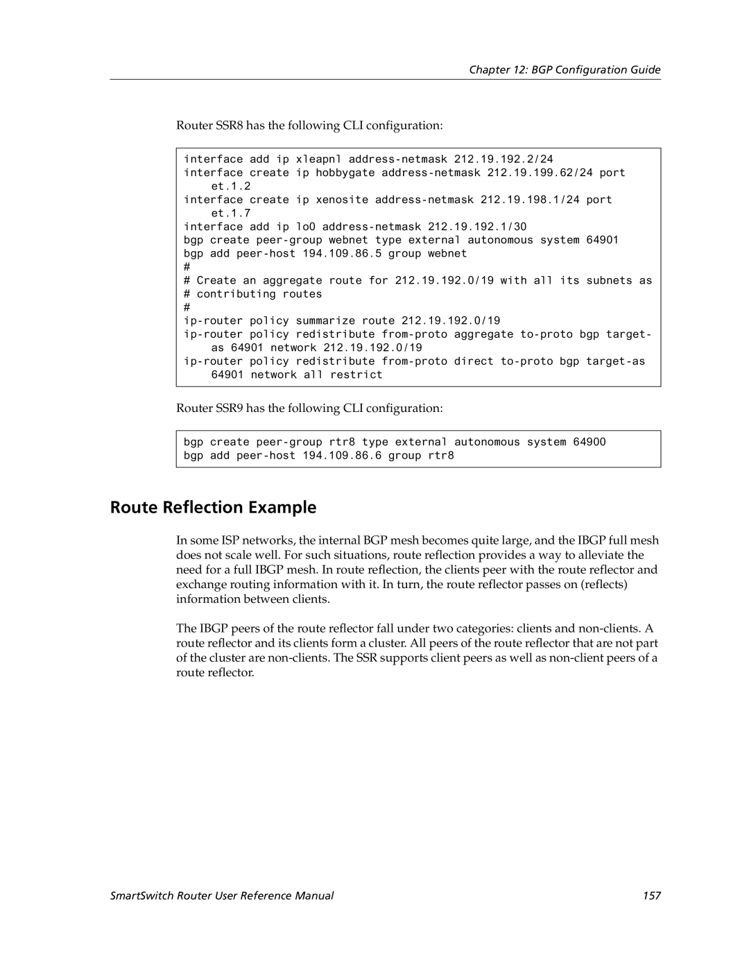 Cabletron Systems 9032578-05 manual Route Reflection Example, Router SSR8 has the following CLI configuration 