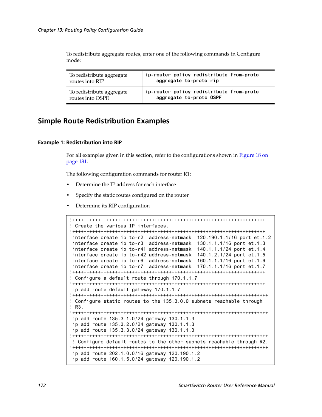 Cabletron Systems 9032578-05 manual Simple Route Redistribution Examples, To redistribute aggregate, Routes into Ospf 