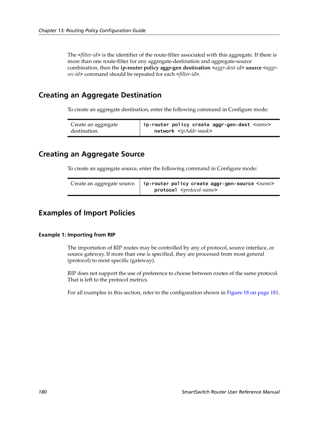 Cabletron Systems 9032578-05 Creating an Aggregate Destination, Creating an Aggregate Source, Examples of Import Policies 