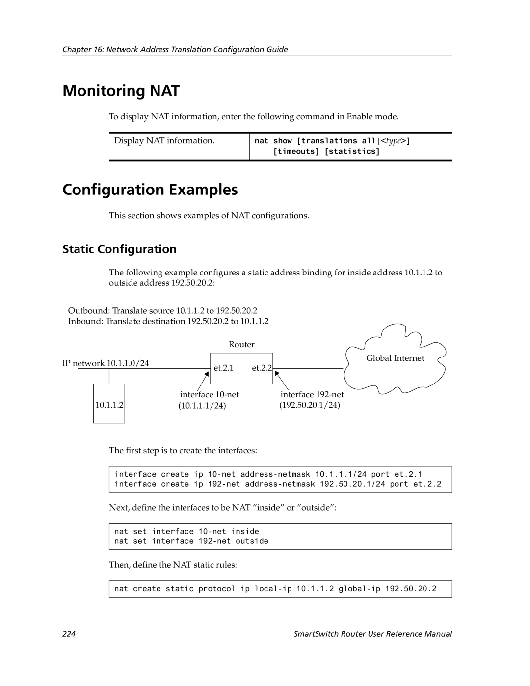 Cabletron Systems 9032578-05 manual Monitoring NAT, Static Configuration, This section shows examples of NAT configurations 