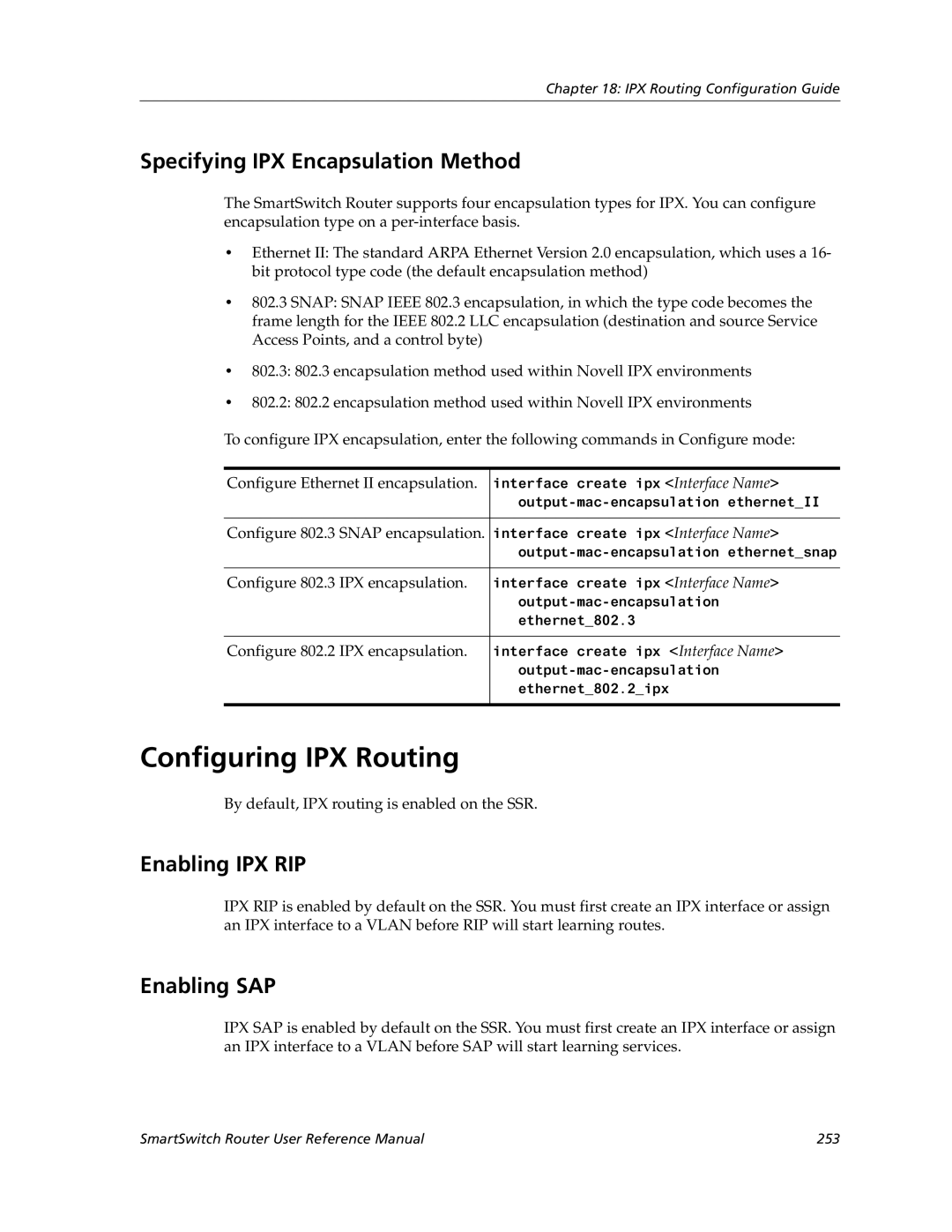 Cabletron Systems 9032578-05 Configuring IPX Routing, Specifying IPX Encapsulation Method, Enabling IPX RIP, Enabling SAP 