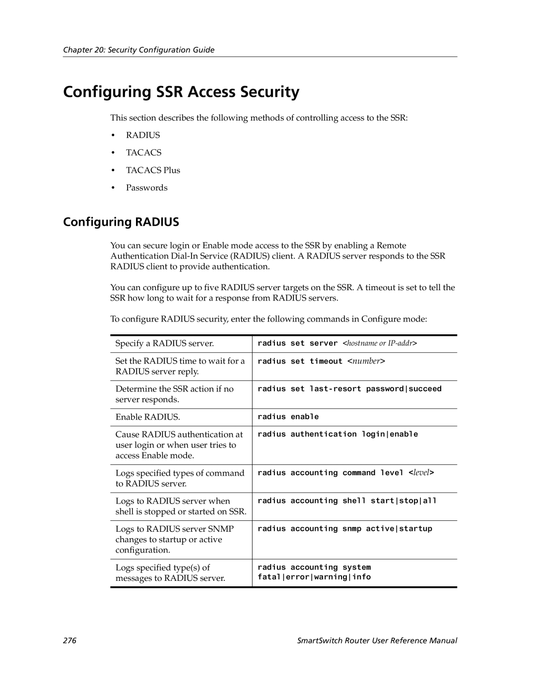 Cabletron Systems 9032578-05 manual Configuring SSR Access Security, Configuring Radius 