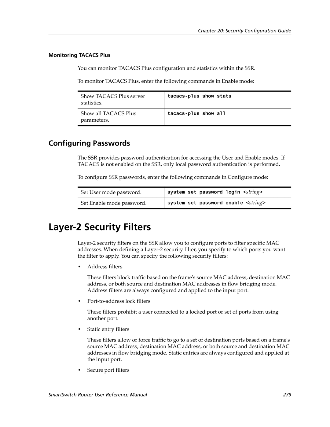 Cabletron Systems 9032578-05 manual Layer-2 Security Filters, Configuring Passwords, Monitoring Tacacs Plus 