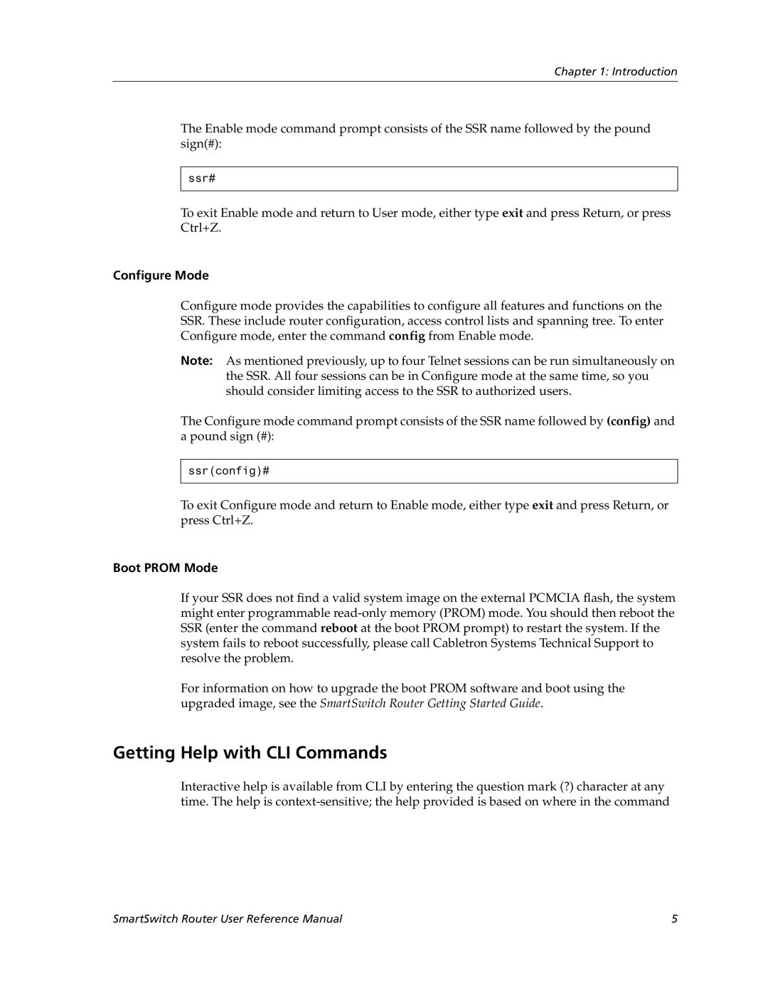 Cabletron Systems 9032578-05 manual Getting Help with CLI Commands, Configure Mode, Boot Prom Mode 