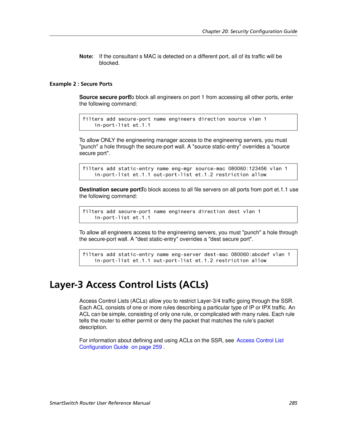 Cabletron Systems 9032578-05 manual Layer-3 Access Control Lists ACLs, Example 2 Secure Ports 