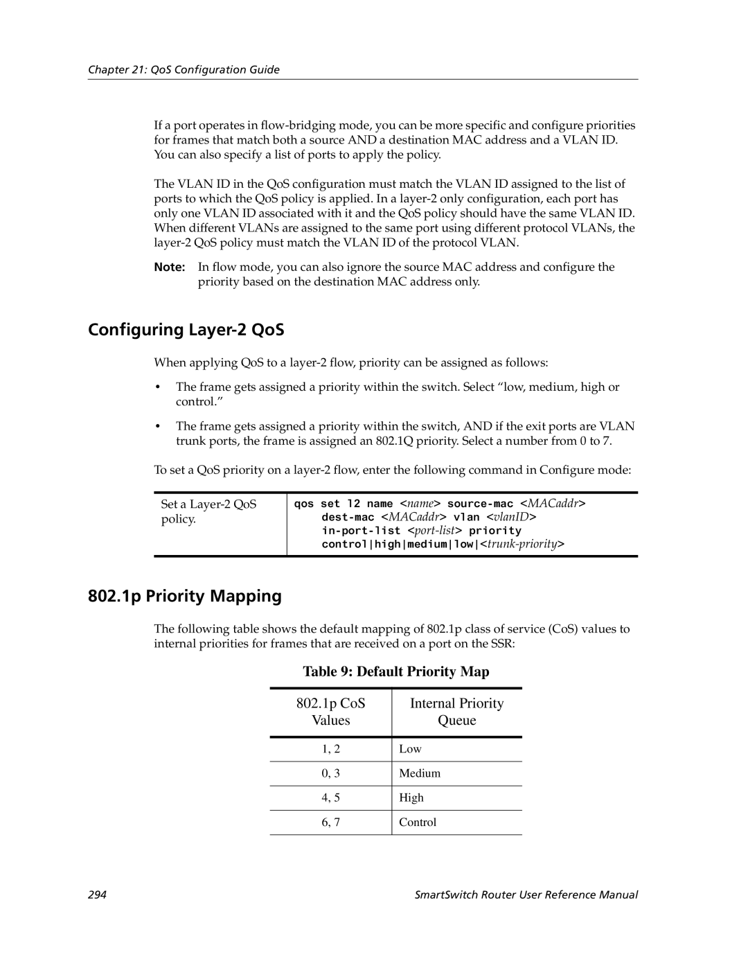 Cabletron Systems 9032578-05 manual Configuring Layer-2 QoS, 802.1p Priority Mapping, Control 