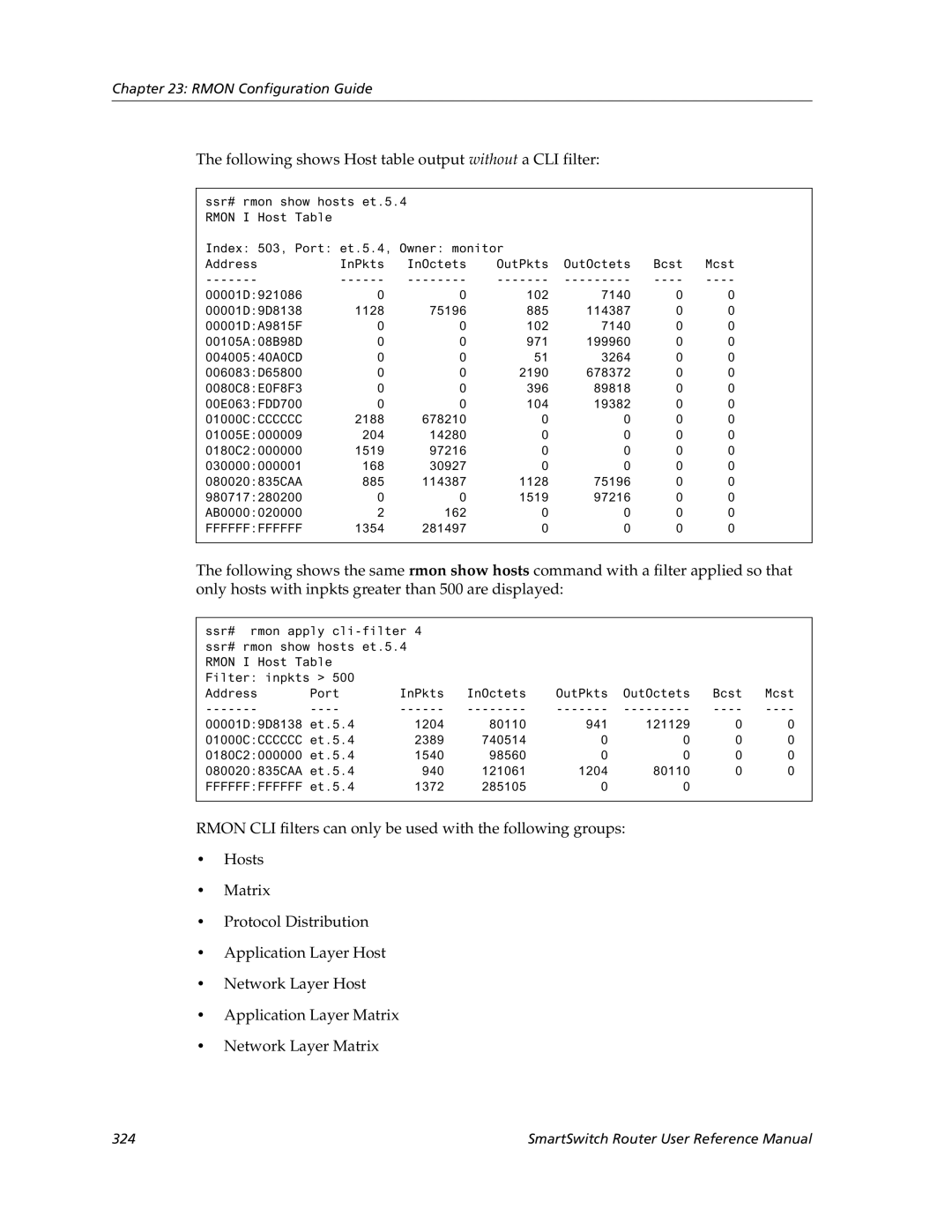 Cabletron Systems 9032578-05 manual Following shows Host table output without a CLI filter, 01000CCCCCCC 