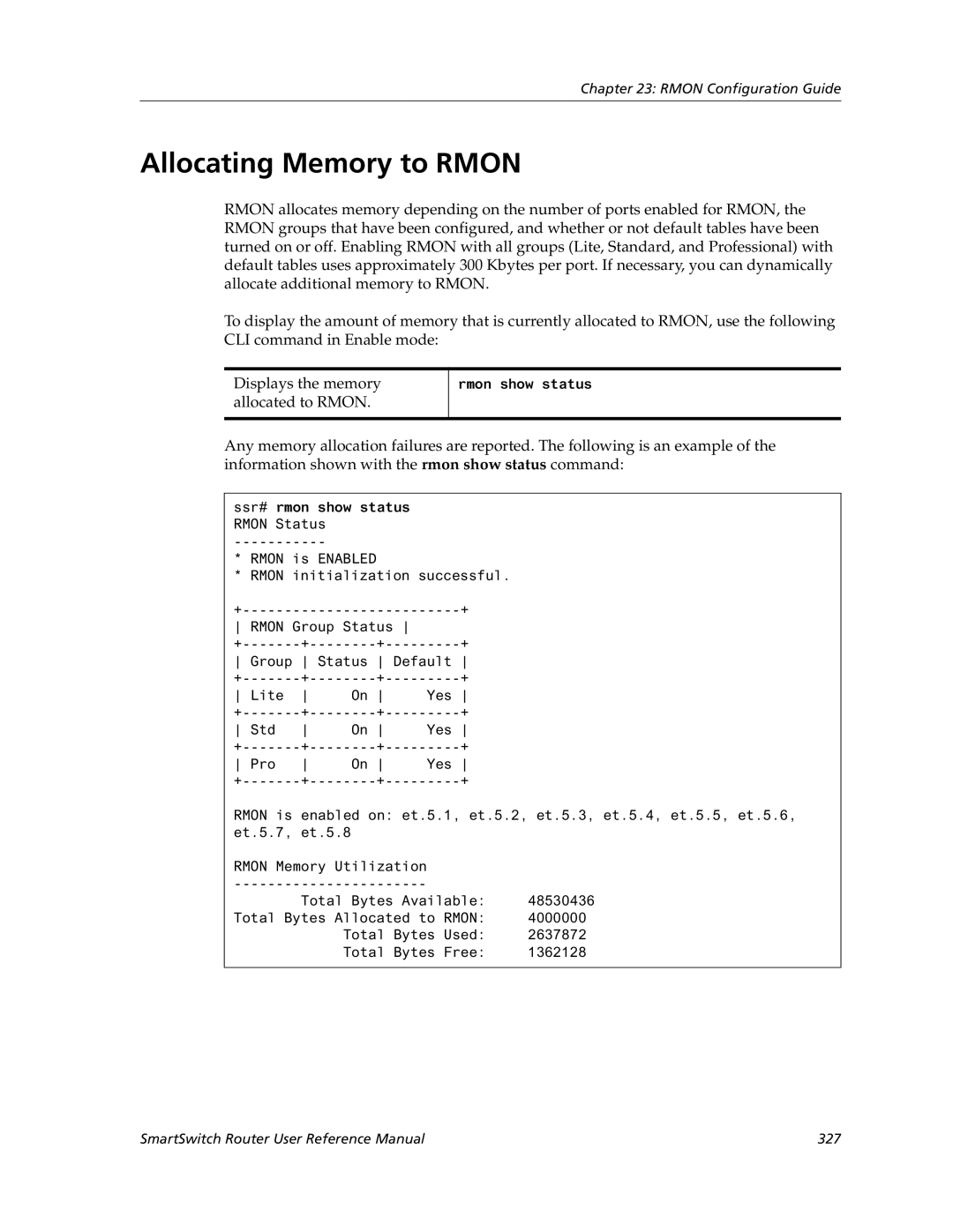 Cabletron Systems 9032578-05 manual Allocating Memory to Rmon, Ssr# rmon show status 