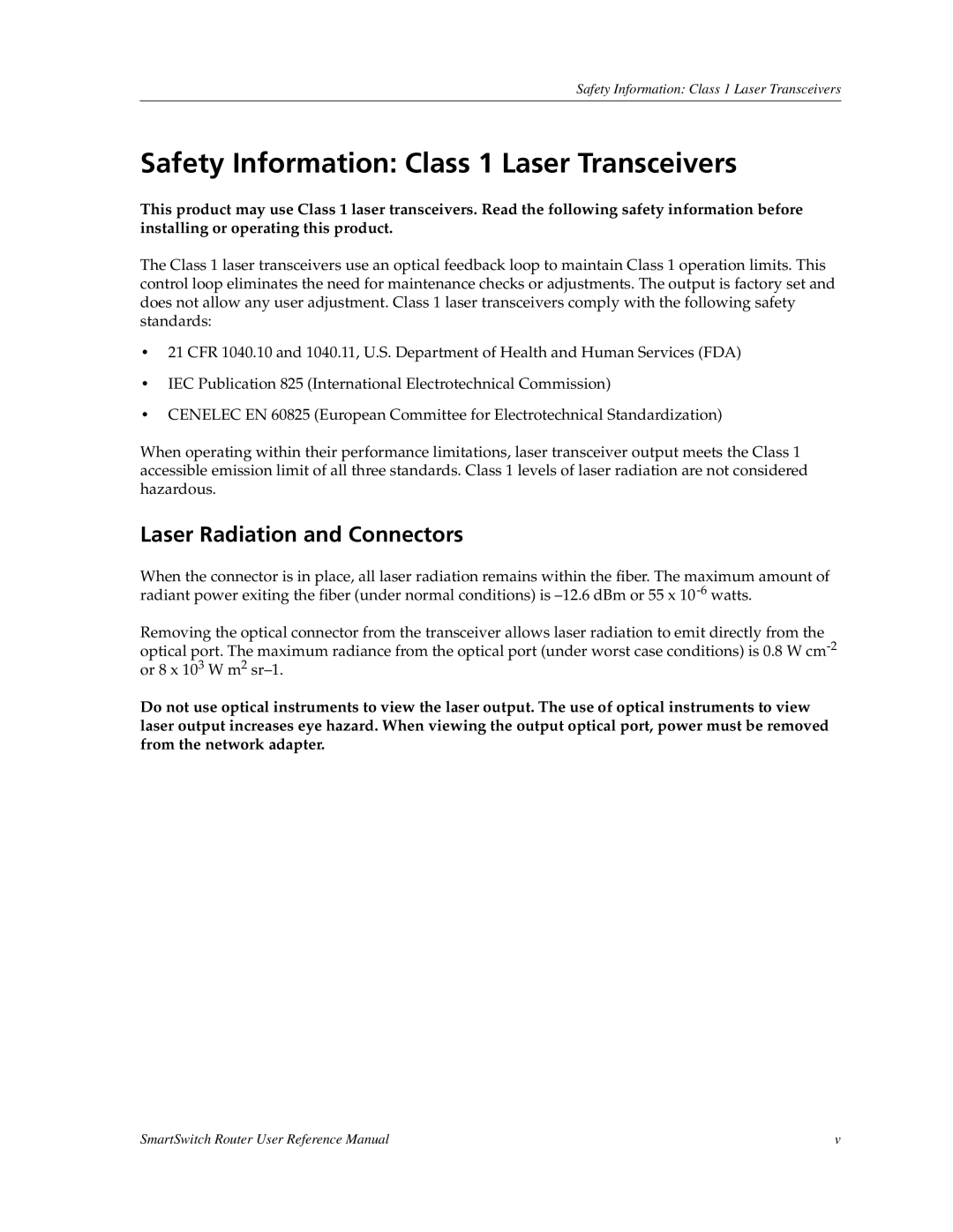 Cabletron Systems 9032578-05 manual Safety Information Class 1 Laser Transceivers, Laser Radiation and Connectors 