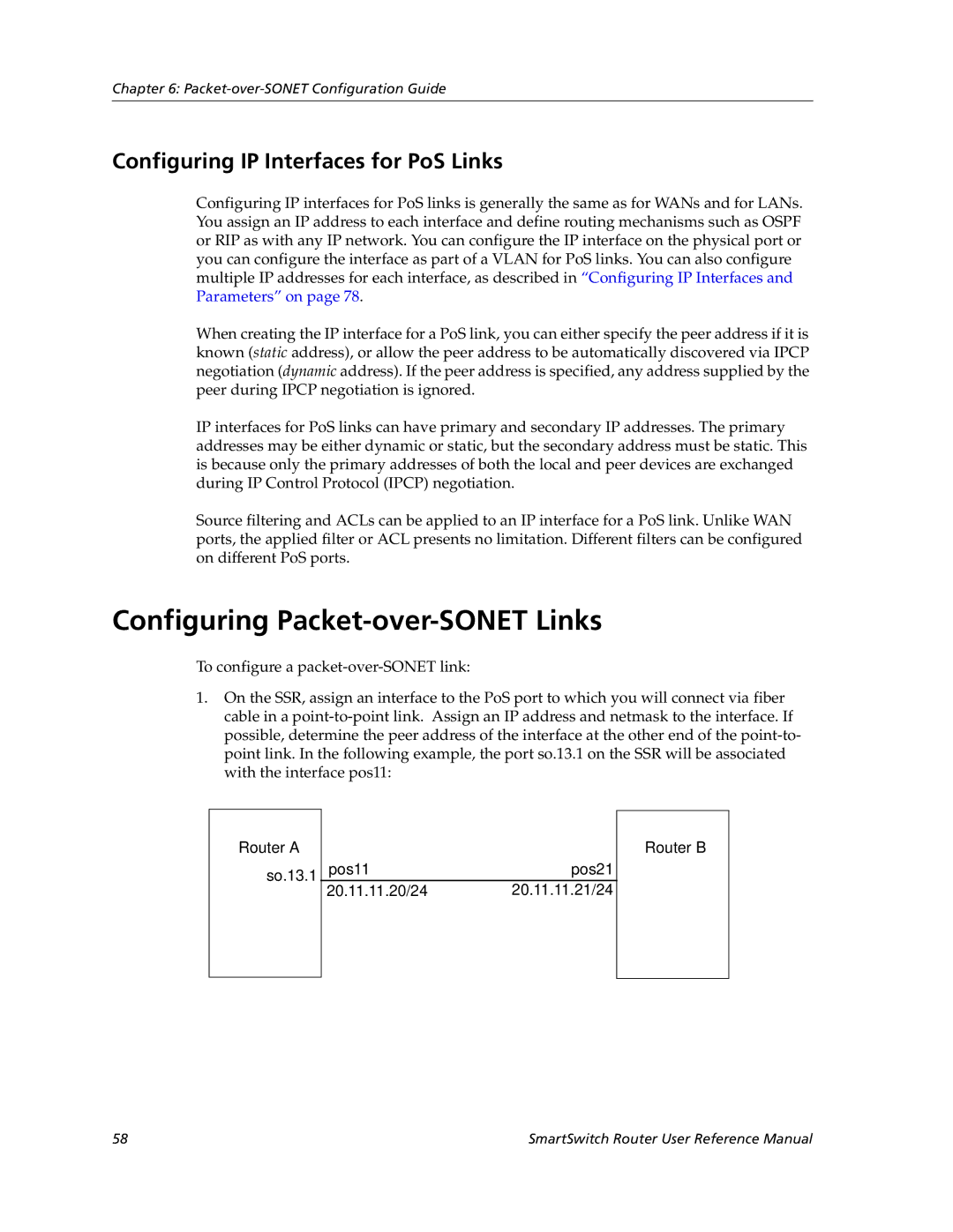 Cabletron Systems 9032578-05 manual Configuring Packet-over-SONET Links, Configuring IP Interfaces for PoS Links 