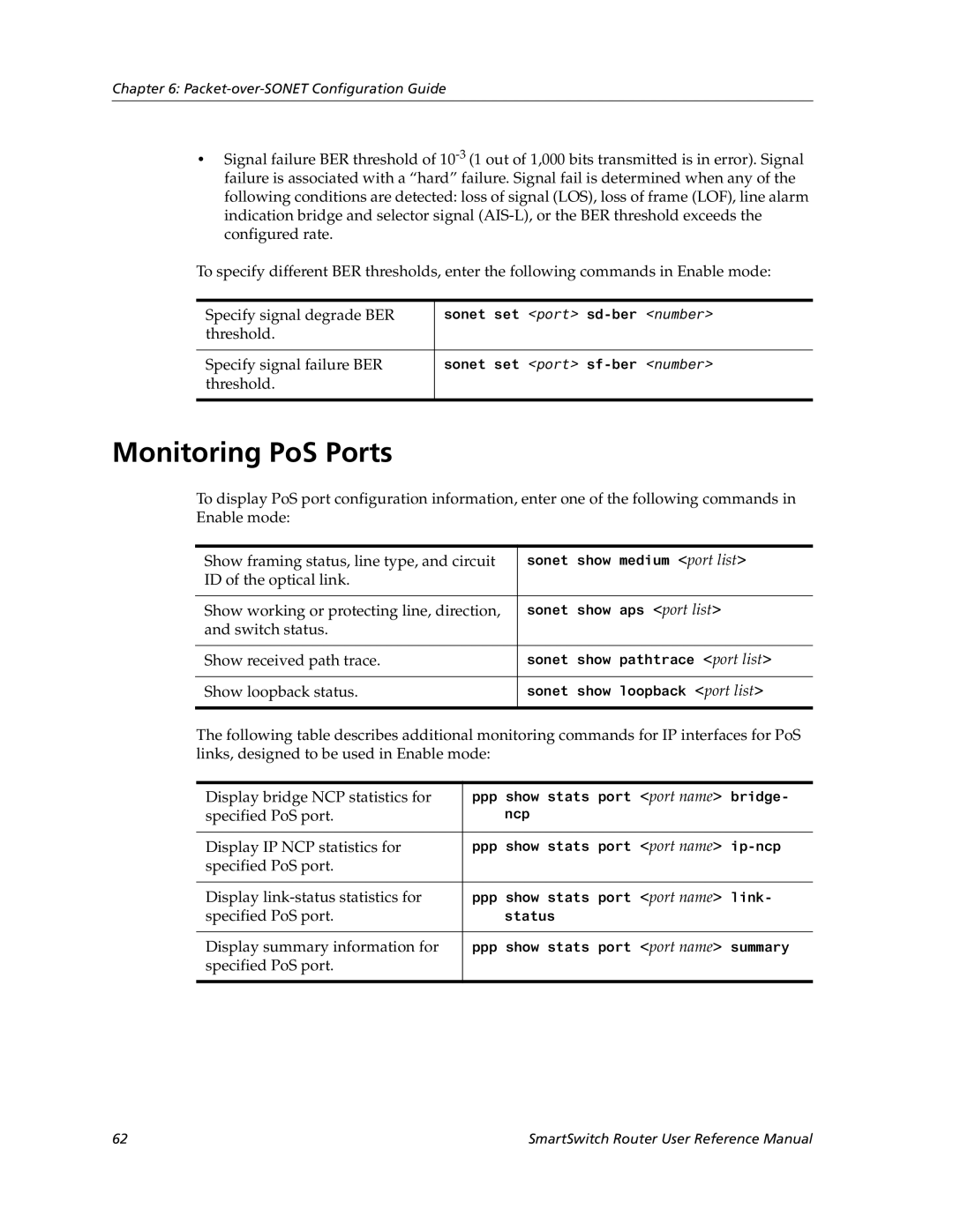 Cabletron Systems 9032578-05 manual Monitoring PoS Ports, Specify signal degrade BER, Threshold Specify signal failure BER 