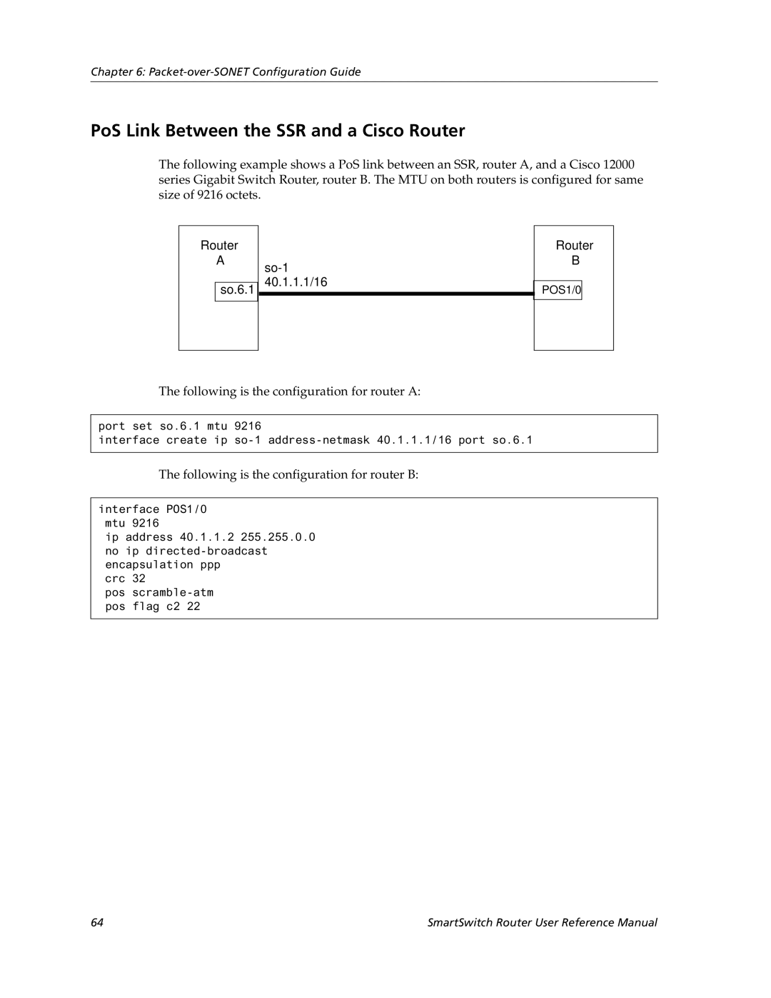 Cabletron Systems 9032578-05 manual PoS Link Between the SSR and a Cisco Router, Router So.6.1 So-1 40.1.1.1/16 