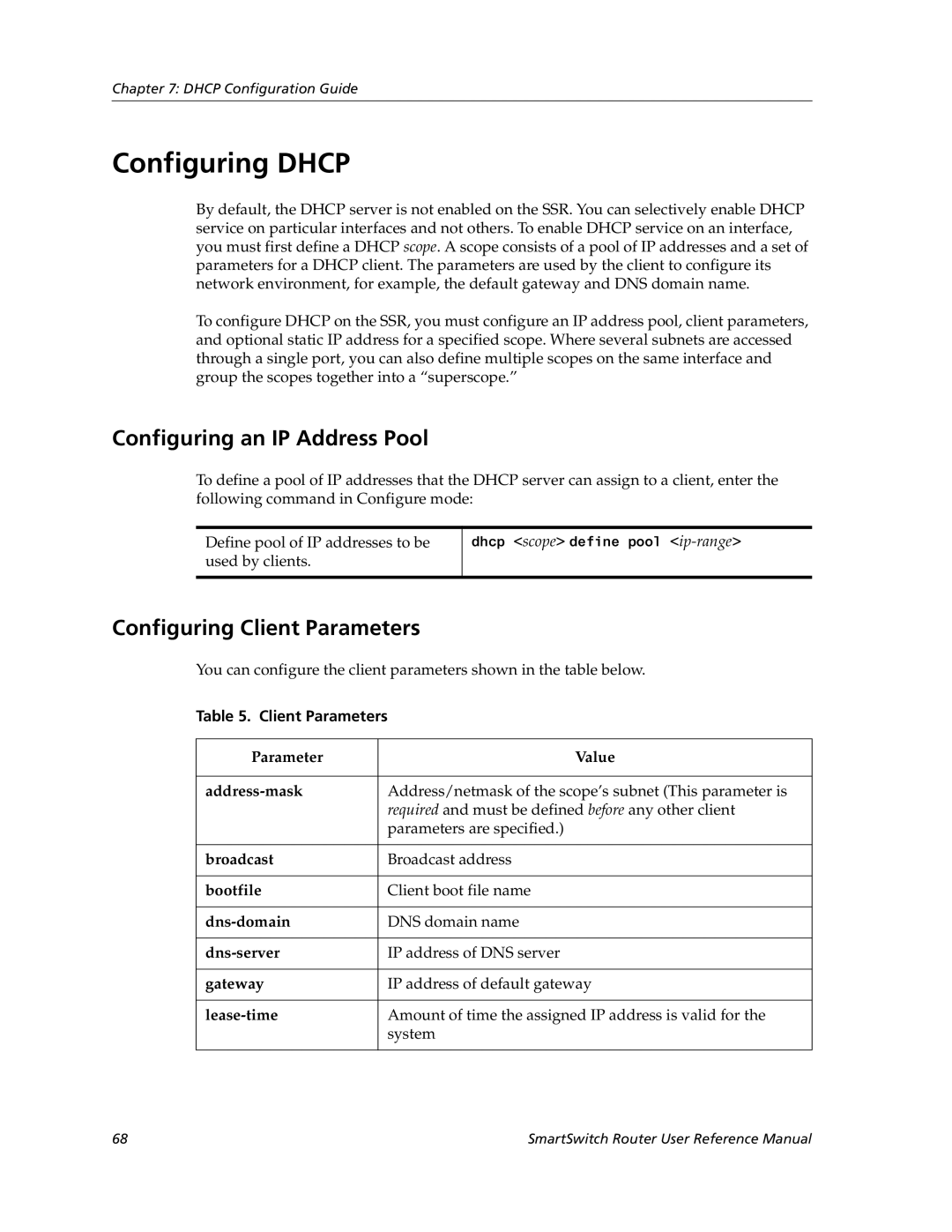 Cabletron Systems 9032578-05 manual Configuring Dhcp, Configuring an IP Address Pool, Configuring Client Parameters 