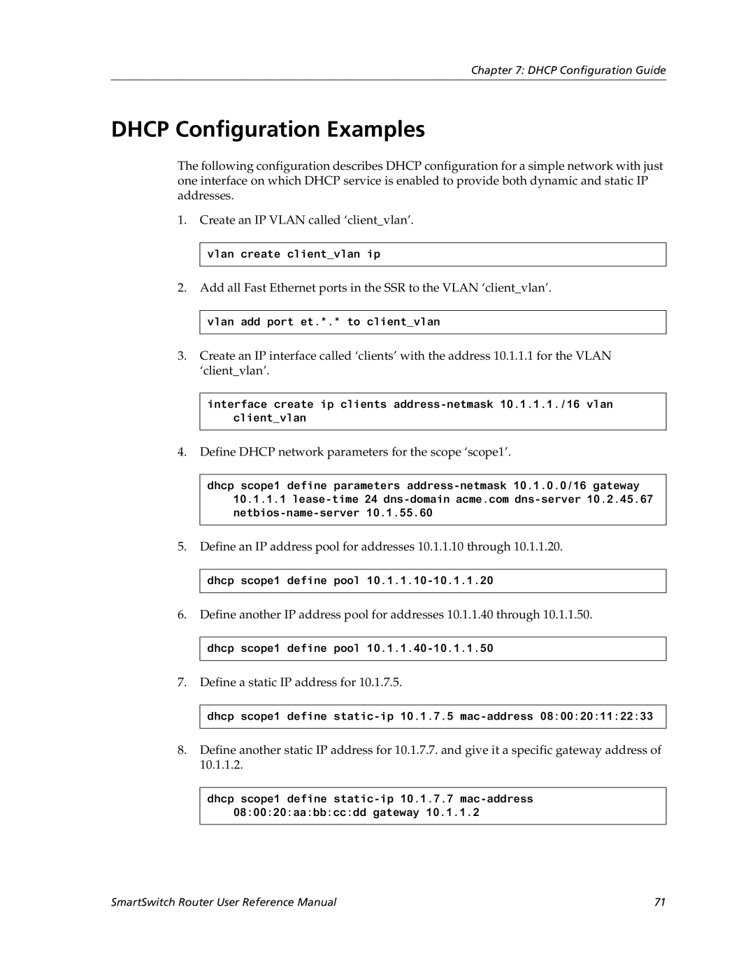 Cabletron Systems 9032578-05 manual Dhcp Configuration Examples, Define Dhcp network parameters for the scope ‘scope1’ 