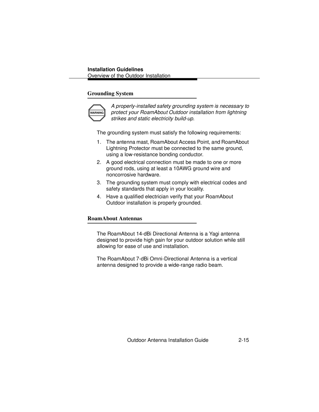 Cabletron Systems 9033073 manual Grounding System, RoamAbout Antennas 