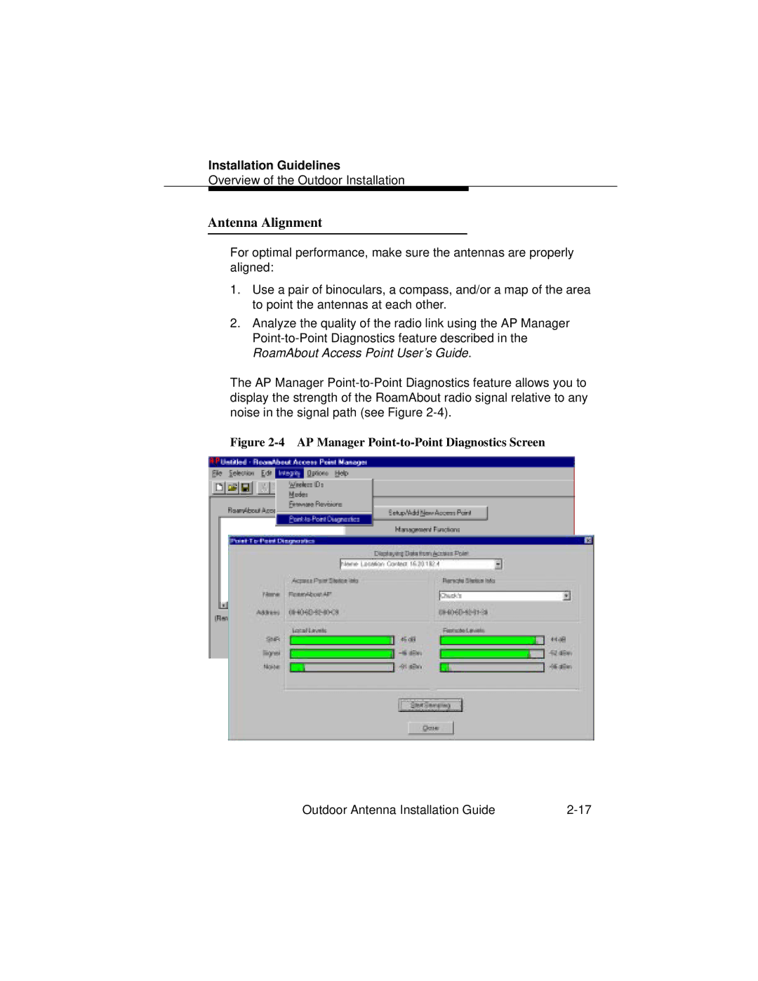 Cabletron Systems 9033073 manual Antenna Alignment, AP Manager Point-to-Point Diagnostics Screen 