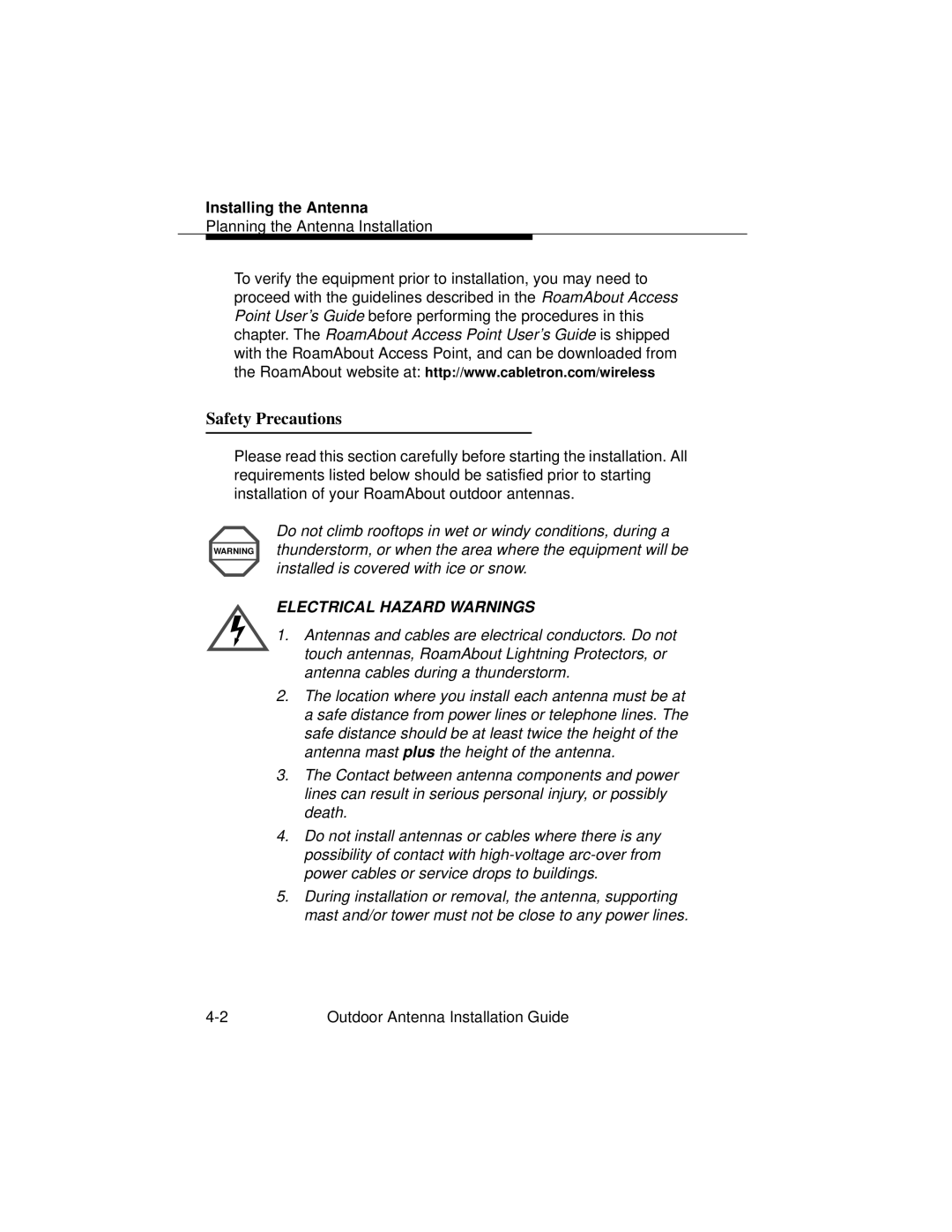 Cabletron Systems 9033073 manual Safety Precautions, Electrical Hazard Warnings 