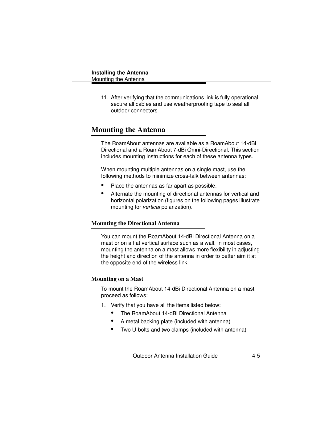 Cabletron Systems 9033073 manual Mounting the Antenna, Mounting the Directional Antenna, Mounting on a Mast 