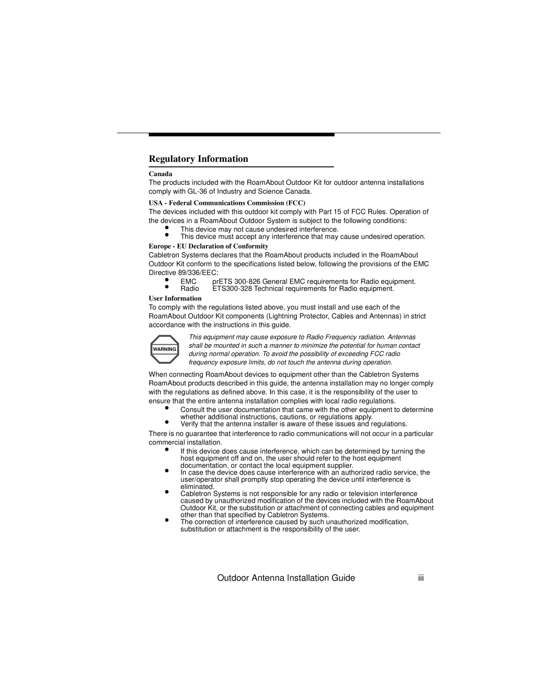 Cabletron Systems 9033073 manual Regulatory Information, Canada 