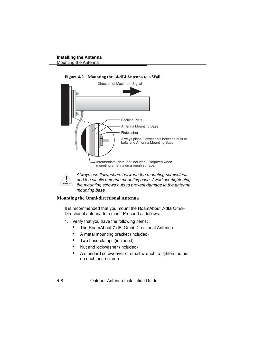 Cabletron Systems 9033073 manual Mounting the Omni-directional Antenna, Mounting the 14-dBi Antenna to a Wall 