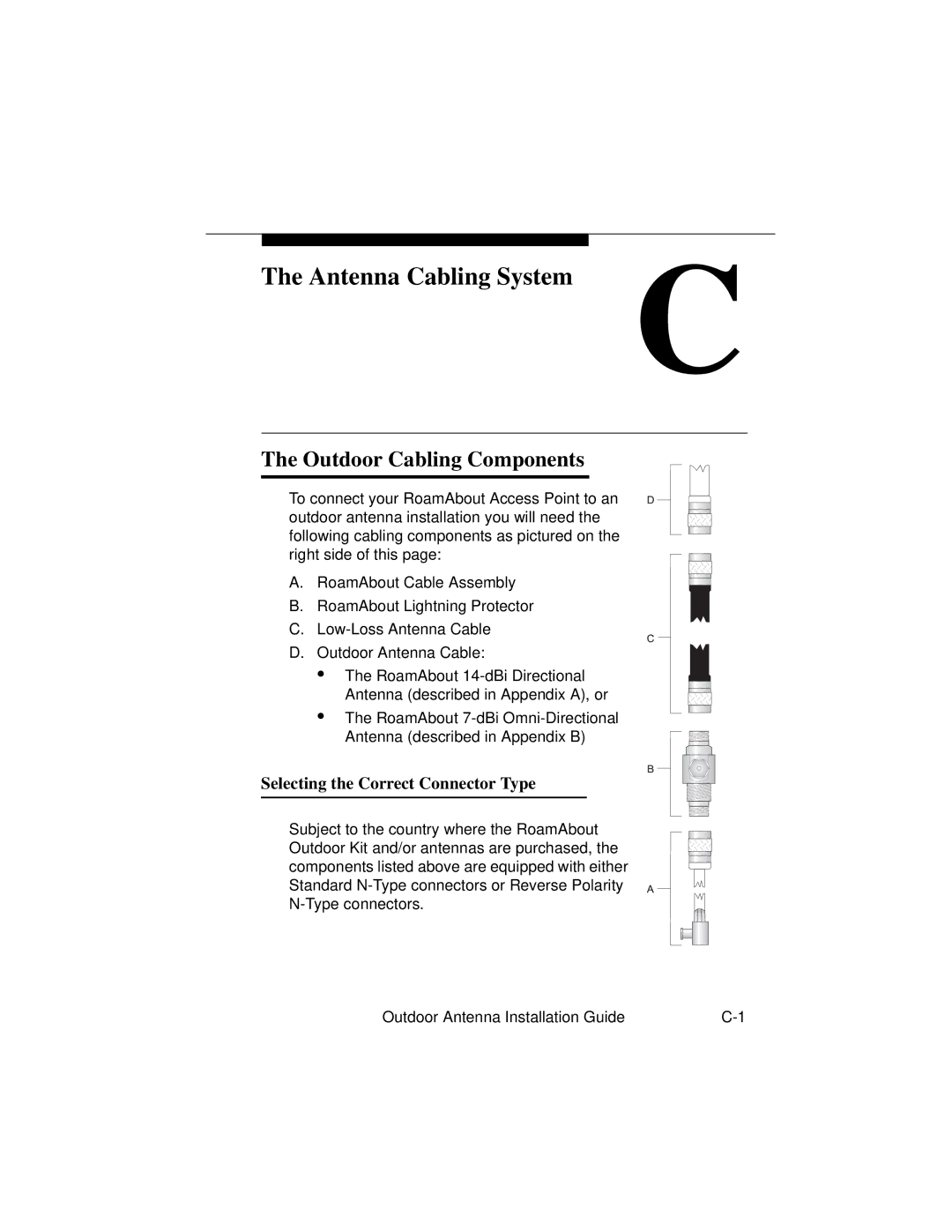 Cabletron Systems 9033073 manual Antenna Cabling System, Outdoor Cabling Components, Selecting the Correct Connector Type 