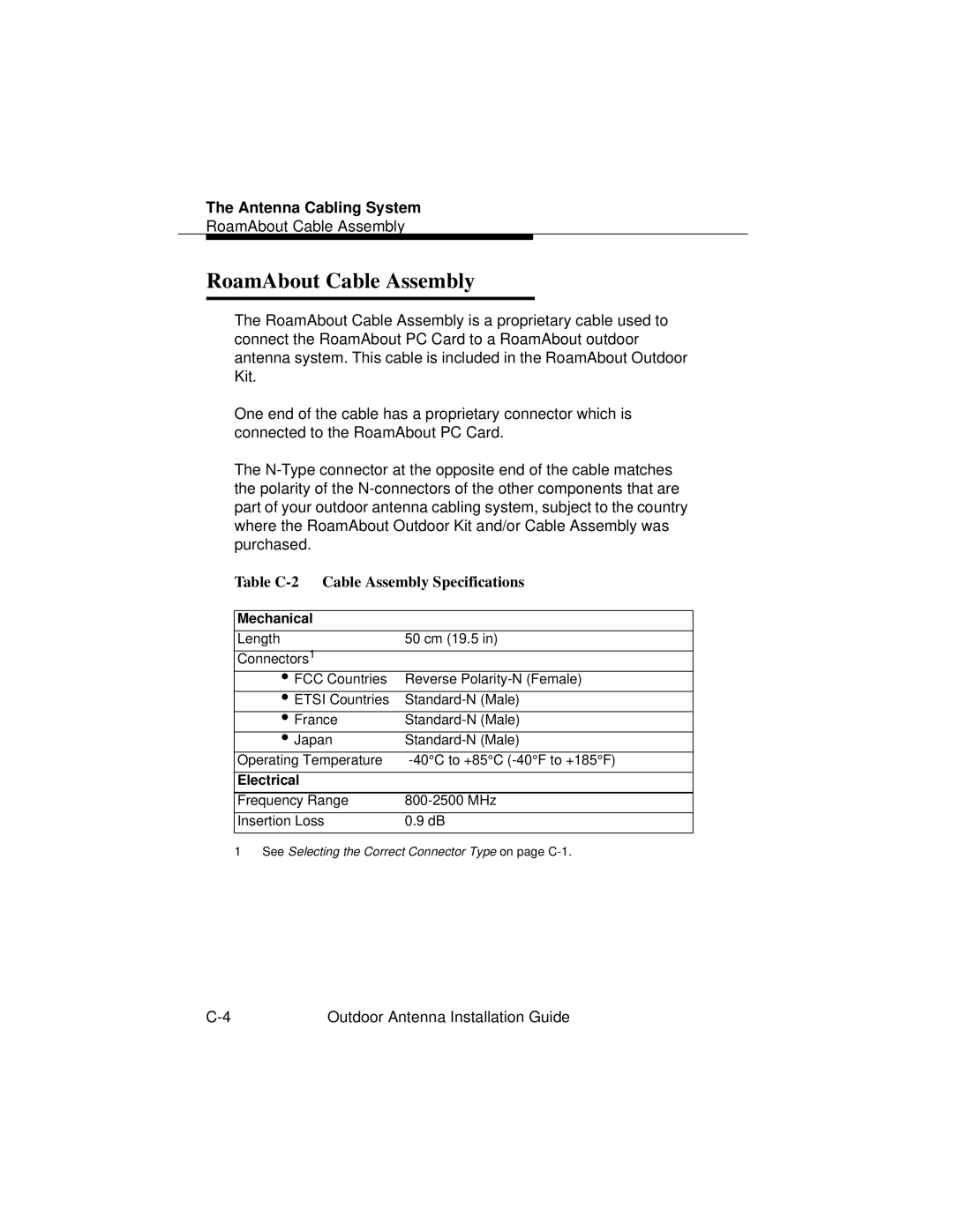 Cabletron Systems 9033073 manual RoamAbout Cable Assembly, Table C-2 Cable Assembly Specifications 