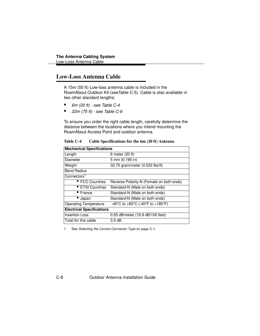 Cabletron Systems 9033073 manual Low-Loss Antenna Cable, Table C-4 Cable Specifications for the 6m 20 ft Antenna 