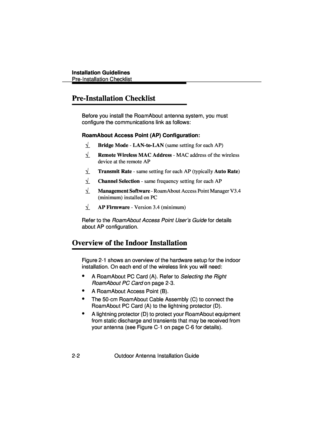 Cabletron Systems 9033073 manual Pre-InstallationChecklist, Overview of the Indoor Installation, Installation Guidelines 