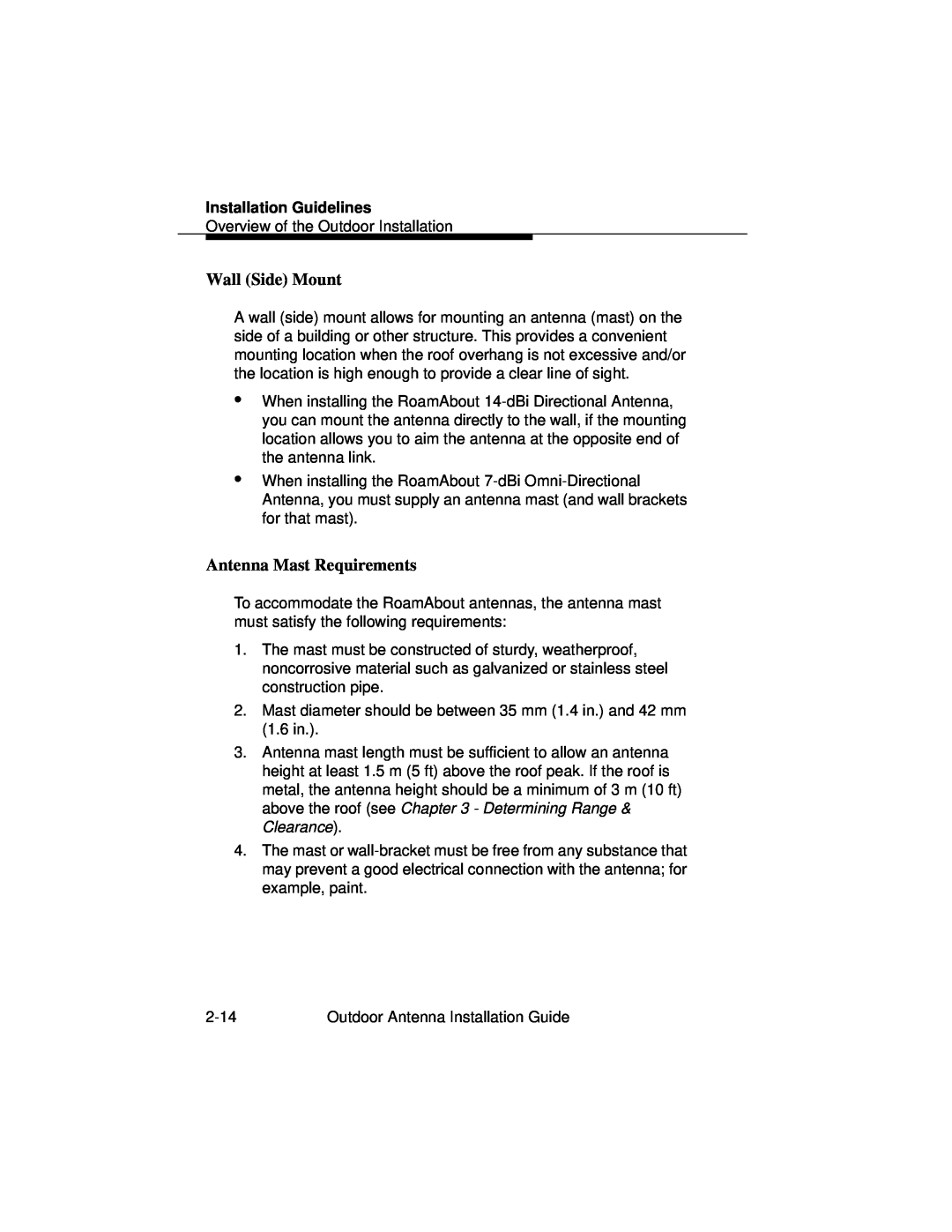 Cabletron Systems 9033073 manual Wall Side Mount, Antenna Mast Requirements, Installation Guidelines 