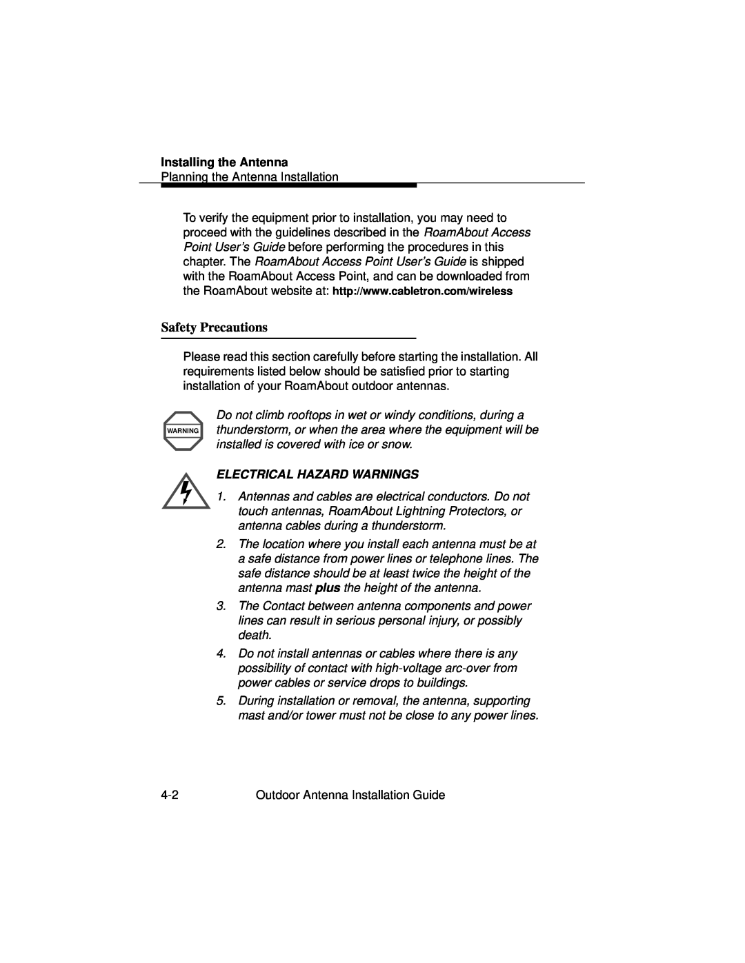 Cabletron Systems 9033073 manual Safety Precautions, Installing the Antenna, Electrical Hazard Warnings 