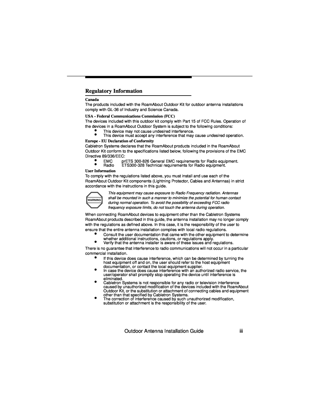 Cabletron Systems 9033073 Regulatory Information, Canada, USA - Federal Communications Commission FCC, User Information 