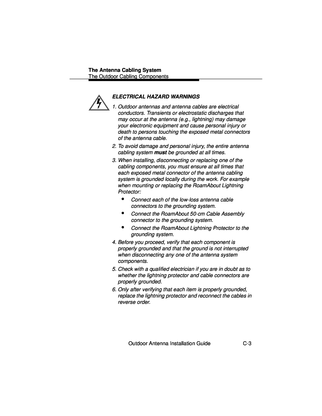 Cabletron Systems 9033073 manual The Antenna Cabling System, The Outdoor Cabling Components, Electrical Hazard Warnings 