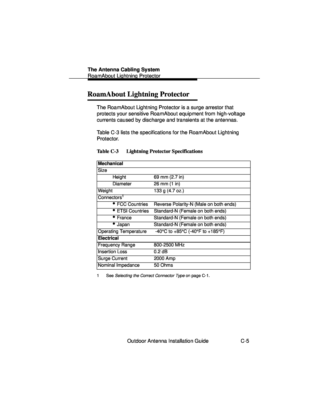 Cabletron Systems 9033073 manual RoamAbout Lightning Protector, The Antenna Cabling System 