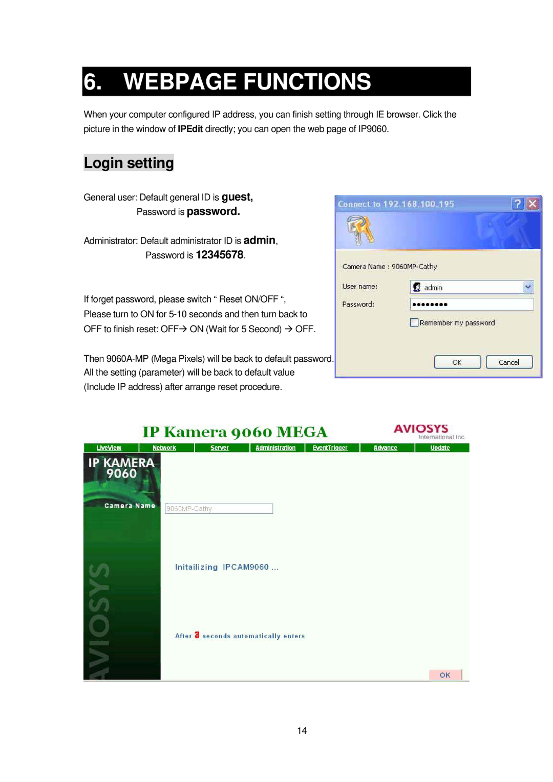 Cabletron Systems 9060A MP manual Webpage Functions, Login setting 