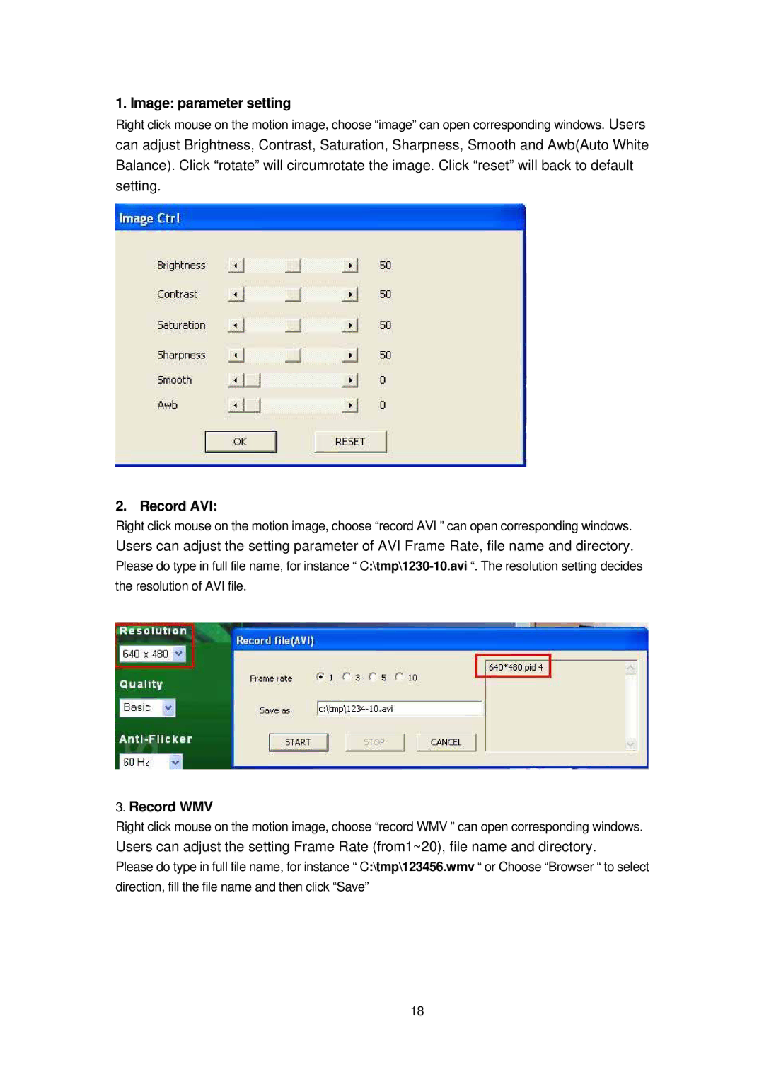 Cabletron Systems 9060A MP manual Image parameter setting, Record AVI, Record WMV 