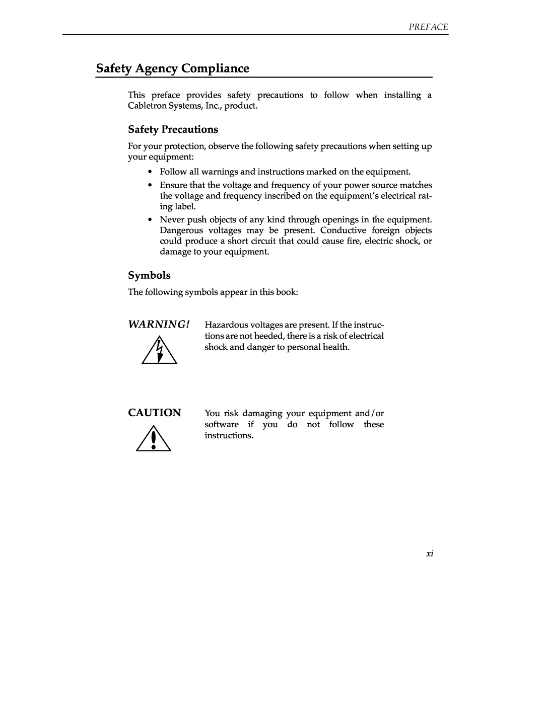Cabletron Systems 9A000 manual Safety Agency Compliance, Safety Precautions, Symbols, Preface 